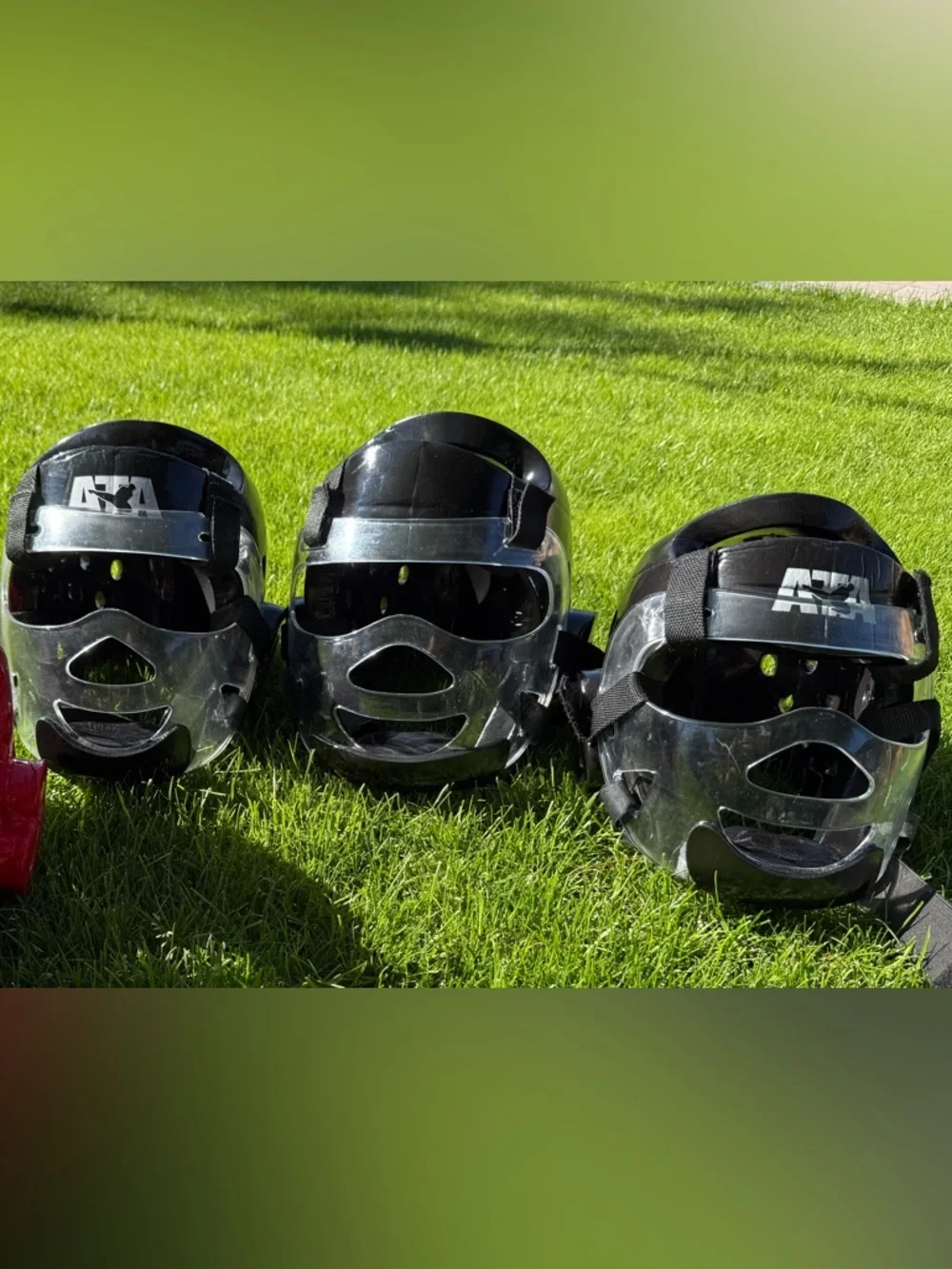 ATA MA Taekwondo Karate Helmet Head Gear & Face shields. Set of three.2 LG, 1 XL